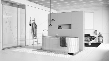 Tamamlanmamış proje taslağı, minimalist yatak odası ve banyo. Reçine zemin, serbest banyo küveti, duş ve çift kişilik yatak. Tahta tavan. Japandi iç tasarımı