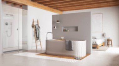 Arka planda bulanıklık, minimalist yatak odası ve banyo. Reçine zemin, serbest banyo küveti, duş ve çift kişilik yatak. Tahta tavan. Japandi iç tasarımı
