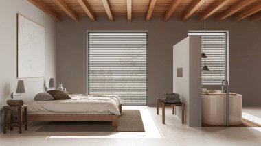 Spa, otel odası. Yatak odası ve banyo beyaz tonlarda. Tahta tavan, çift kişilik yatak ve serbest banyo küveti. Reçine zemin, Japon iç tasarımı.