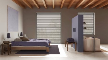 Spa, otel odası. Yatak odası ve banyo beyaz ve mor tonlarda. Tahta tavan, çift kişilik yatak ve serbest banyo küveti. Reçine zemin, Japon iç tasarımı.