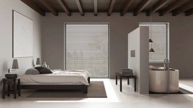 Spa, otel odası. Yatak odası ve banyo beyaz tonlarda. Koyu ahşap tavan, çift kişilik yatak ve serbest küvet. Reçine zemin, Japon iç tasarımı.