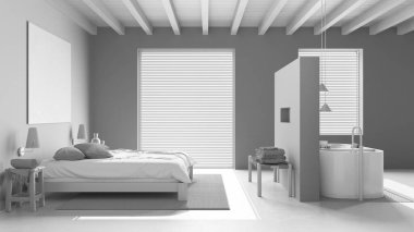 Tamamen beyaz proje taslağı, spa, otel odası. Yatak odası ve banyo. Tahta tavan, çift kişilik yatak ve serbest banyo küveti. Reçine zemin, Japon iç tasarımı.