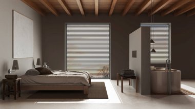 Karanlık gece sahnesi, spa, otel odası. Yatak odası ve banyo. Tahta tavan, çift kişilik yatak ve serbest banyo küveti. Reçine zemin, Japon iç tasarımı.