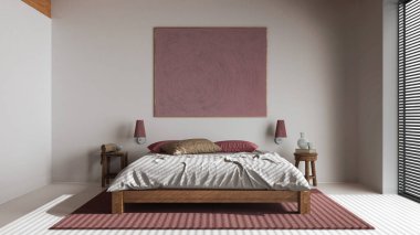 Minimalist ahşap yatak odası, beyaz ve kırmızı tonlarda. Reçel döşeme, yorgan ve yastıklı çift kişilik yatak sehpa ve dekorlar. Japandi iç tasarımı