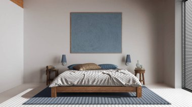 Minimalist ahşap yatak odası, beyaz ve mavi tonlarda. Reçel döşeme, yorgan ve yastıklı çift kişilik yatak sehpa ve dekorlar. Japandi iç tasarımı