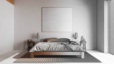 Mimar iç mimar konsepti: elle çizilmiş tamamlanmamış proje gerçek, minimalist yatak odası haline geliyor. Reçel döşeme, çift kişilik yatak, sehpa ve dekorlar. Japon stili.