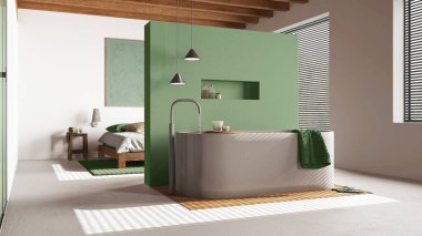 Ahşap yatak odası ve banyo, beyaz ve yeşil tonlarda, yerde reçine var. Çift kişilik yatak, pencereler ve serbest banyo küveti. Minimalist iç tasarım