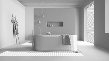 Tamamen beyaz proje taslağı, minimalist ahşap banyo. Reçel döşeme, havlular ve dekorlarla serbest küvet. Japandi iç tasarımı