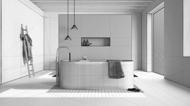 Tamamlanmamış proje taslağı, minimalist ahşap banyo. Reçel döşeme, havlular ve dekorlarla serbest küvet. Japandi iç tasarımı