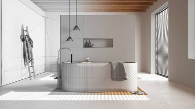 Mimar iç mimar konsepti: elle çizilmiş tamamlanmamış proje gerçek, minimalist ahşap banyo haline geliyor. Reçel zemin, havlular ve dekorlarla dolu küvet. Japon stili.