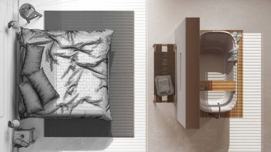 Mimari iç mimar konsepti: elle çizilmiş tamamlanmamış proje, serbest küvetli Japon ahşap yatak odası. Manzara, plan, yukarısı. Modern biçim