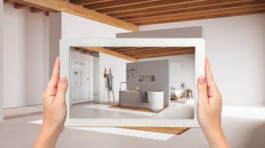 Gelişmiş gerçeklik kavramı. Boş ahşap iç döşeme, japandi minimal yatak odası ve banyo gibi mobilya ve tasarım ürünlerini simule etmek için kullanılan AR uygulamalı tablet.