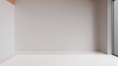 Ahşap boş oda iç tasarımı, reçine zeminli açık alan, kirişler tavan ve beyaz duvarlar, modern mimari konsepti