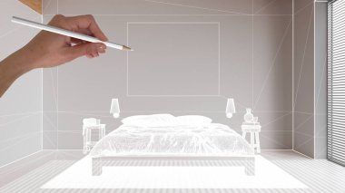 Ahşap parke zemin, el çizimi, özel mimari tasarım, beyaz mürekkep çizimi, Japonya 'nın minimal yatak odasını gösteren plan.