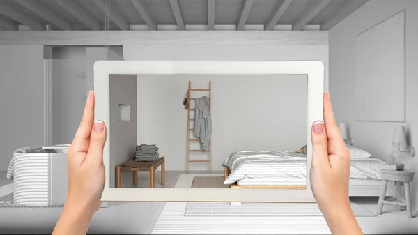 Augmented Reality Concept Hand Holding Tablet Met Applicatie Gebruikt Meubels — Stockfoto