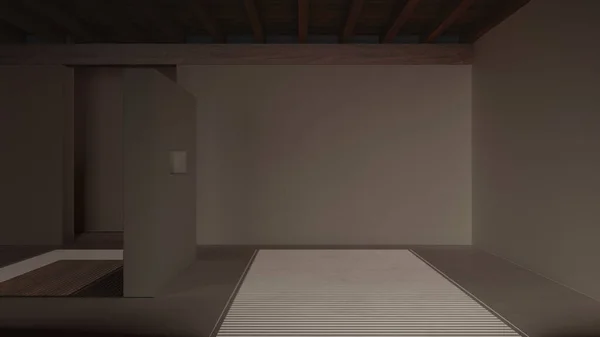 漆黑的夜景 空房间室内设计 有树脂地板的开放空间 木梁天花板和隔墙 现代日本建筑理念 — 图库照片