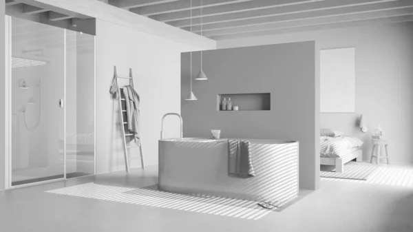 整个白色工程草案 简约的卧室和浴室 树脂地板 独立浴缸 淋浴和双人床 木制天花板 日本室内设计 — 图库照片