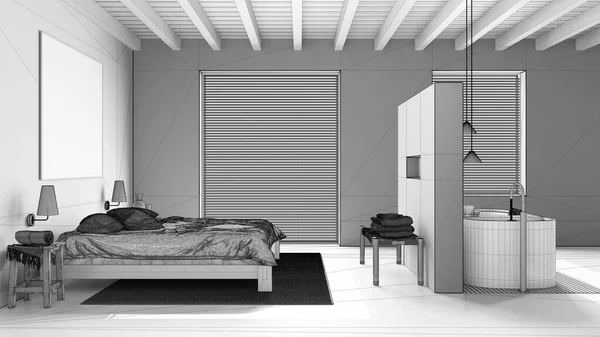 蓝图未完成的项目草稿 酒店套间 卧室和浴室 木制天花板 双人床和独立的浴缸 日本室内设计 树脂地板 — 图库照片