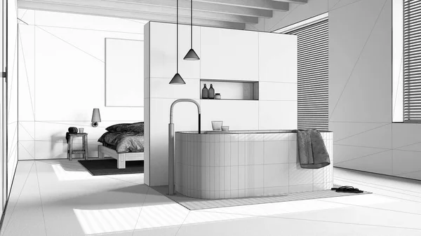 ブループリント未完成のプロジェクトドラフト 木製の寝室 樹脂フロア付きのバスルーム ダブルベッド フリーランスのバスタブ ミニマリストインテリアデザイン — ストック写真