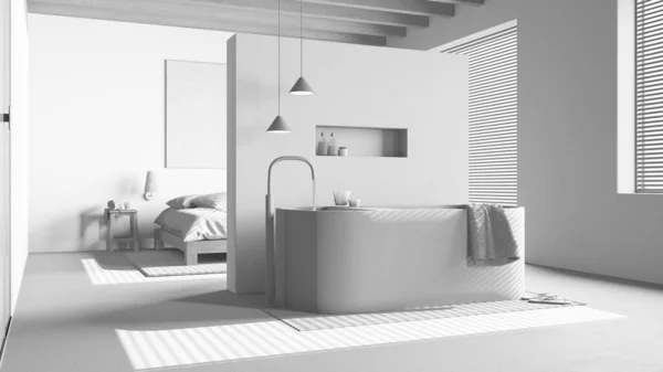 Totaler Weißer Projektskizze Holzschlafzimmer Und Badezimmer Mit Harzboden Doppelbett Fenster — Stockfoto