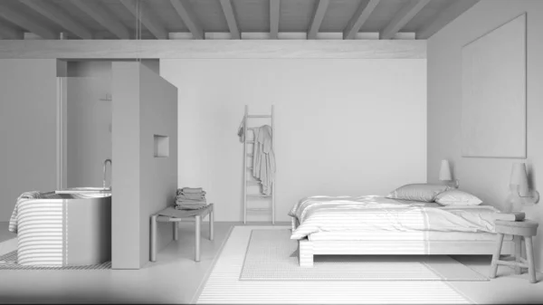 Полный Белый Проект Проекта Современная Деревянная Спальня Ванной Двуспальная Кровать — стоковое фото