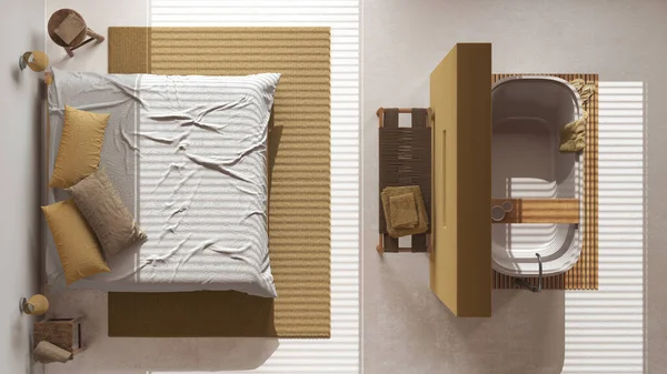 日本的木制卧室 独立的浴缸 白色和黄色色调 床与绒毛和地毯 树脂地板 顶部视图 现代室内设计 — 图库照片