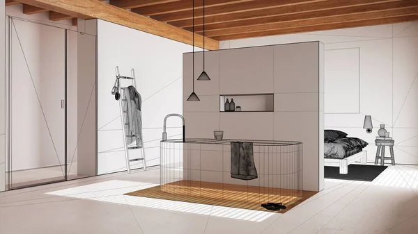 空旷的白色内饰 带有树脂地板 定制建筑设计项目 黑色墨水草图 显示最低浴室和卧室的蓝图 日本室内设计 — 图库照片