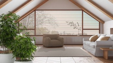 Zen iç mimarisi, bambu saksısı, doğal iç tasarım konsepti, en az oturma odası, japandi tarzı mimari.