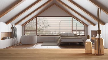 Ahşap masa ya da raf aromatik çubuklarla dolu şişeler japandi yatak odası ve banyo üzerinde küvet, modern mimari iç tasarım