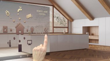 Akıllı ev kontrol konsepti, mobil uygulamadan el kontrollü dijital arayüz. Arka planda ada, japandi mimarisi iç tasarımı olan çok az mutfak var.