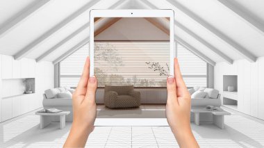 Hands holding tablet showing living room in japandi style, total blank project background, augmented reality concept, application to simulate furniture and interior design products