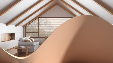 Soyut mimari arka plan, dalgalı sıvı şekil, yaratıcı duvar, kanepeli minimalist beyaz oturma odası, japandi iç tasarım