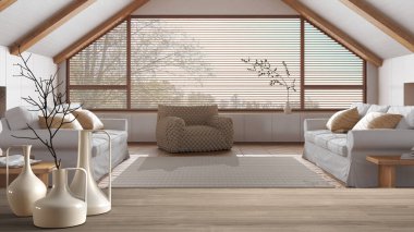 Çağdaş mimari tasarımı, modern japandi ahşap oturma odası üzerine minimalist modern vazolarla ahşap masa veya raf.