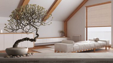 Çakıl taşı ve saksı çiçekli klasik ahşap masa rafı, beyaz çiçekler, minimal beyaz mutfak ve oturma odası, japandi mimarisi fikri.