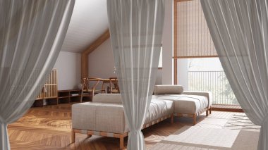Beyaz perdeler japandi ahşap oturma ve yemek odasını, kırpma yolunu, dikey kıvrımları, yumuşak tül tekstil dokusunu, sahne konseptini kopya alanı ile kaplar.
