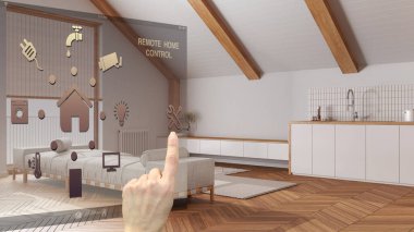 Akıllı ev kontrol konsepti, mobil uygulamadan el kontrollü dijital arayüz. Arka planda çok az mutfak ve oturma odası, japandi mimarisi iç tasarım