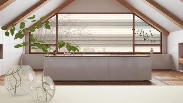 Tampo Mesa Branco Prateleira Com Vaso Vidro Com Planta Hidropônica — Fotografia de Stock