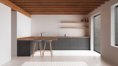 Beyaz ve gri tonlarda en az ahşap mutfak. Reçine zemini ve ahşap tavan. Dolaplar, tabure ve aletlerle dolu bir ada. Japandi iç tasarımı