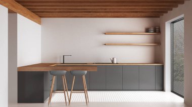 Ahşap Japon mutfağı, beyaz ve gri tonlarda, yerde reçine ve tavan kirişleri var. Dolaplar ve tabureli ada. Minimalist iç tasarım