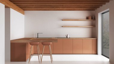 Ahşap Japon mutfağı, beyaz ve turuncu tonlarda, yerde reçine ve tavanda kirişler. Dolaplar ve tabureli ada. Minimalist iç tasarım