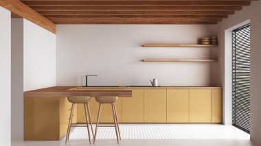 Ahşap Japon mutfağı beyaz ve sarı tonlarda, yerde reçine ve tavan kirişleri var. Dolaplar ve tabureli ada. Minimalist iç tasarım