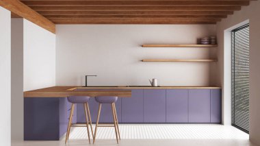 Ahşap Japon mutfağı, beyaz ve mor tonlarda, yerde reçine ve tavan kirişleri var. Dolaplar ve tabureli ada. Minimalist iç tasarım