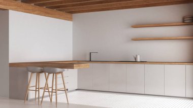 Beyaz ve bej tonlarda çağdaş ahşap mutfak. Dolapları ve reçine zemini olan bir ada. Kirişler tavan, japandi minimal iç tasarım