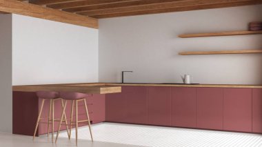 Beyaz ve kırmızı tonlarda çağdaş ahşap mutfak. Dolapları ve reçine zemini olan bir ada. Kirişler tavan, japandi minimal iç tasarım