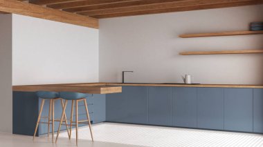 Beyaz ve mavi tonlarda çağdaş ahşap mutfak. Dolapları ve reçine zemini olan bir ada. Kirişler tavan, japandi minimal iç tasarım