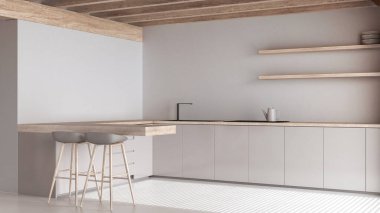 Beyazlar ve bej tonlarda modern beyazlatılmış ahşap mutfak. Dolapları ve reçine zemini olan bir ada. Kirişler tavan, japandi minimal iç tasarım