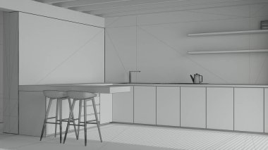 Tamamlanmamış proje taslağı, çağdaş ahşap mutfak. Dolapları ve reçine zemini olan bir ada. Kirişler tavan, japandi minimal iç tasarım