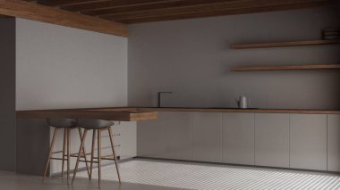 Karanlık gece sahnesi, çağdaş ahşap mutfak. Dolapları ve reçine zemini olan bir ada. Kirişler tavan, japandi minimal iç tasarım