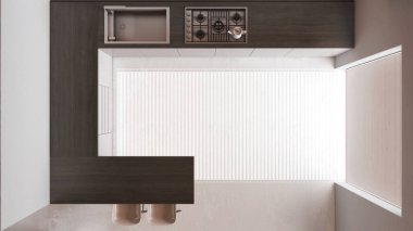 Beyaz ve bej tonlarda modern siyah ahşap mutfak. Dolap ve reçine zeminli bir ada. Üst görünüm, plan, Japonya 'nın iç dizaynı.