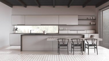 Beyaz ve bej tonlarda adası olan en az koyu ahşap mutfak. Reçine zemini ve ahşap tavan. Dolaplar, yemek masası ve dekorlar. Japandi iç tasarımı